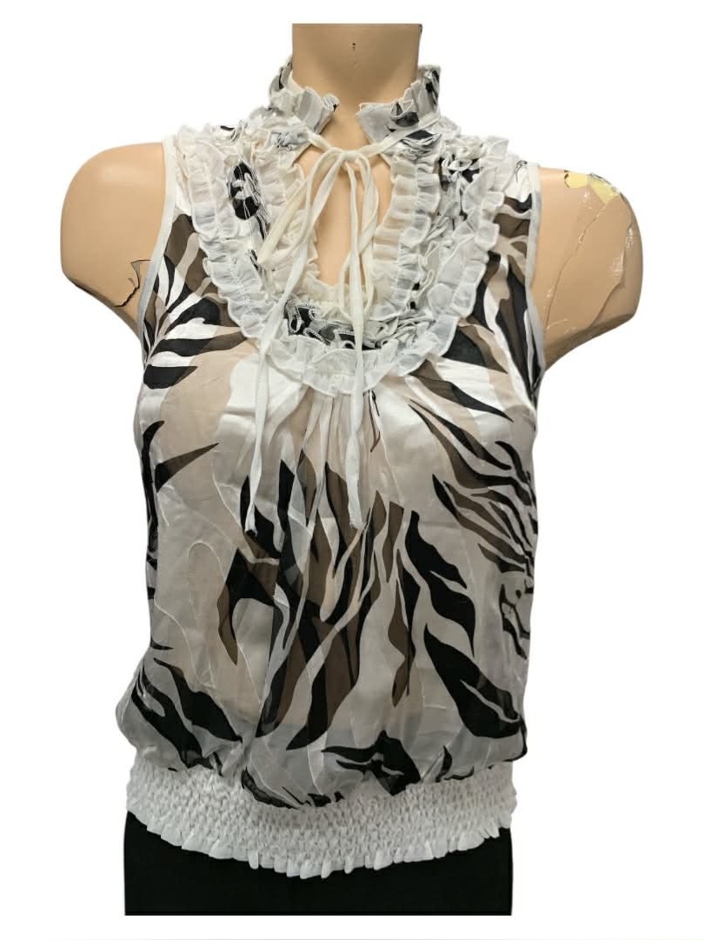 Miss Kelly Sheer Ruffle Tie-Neck Zebra Print Blouse - White/Black Size S